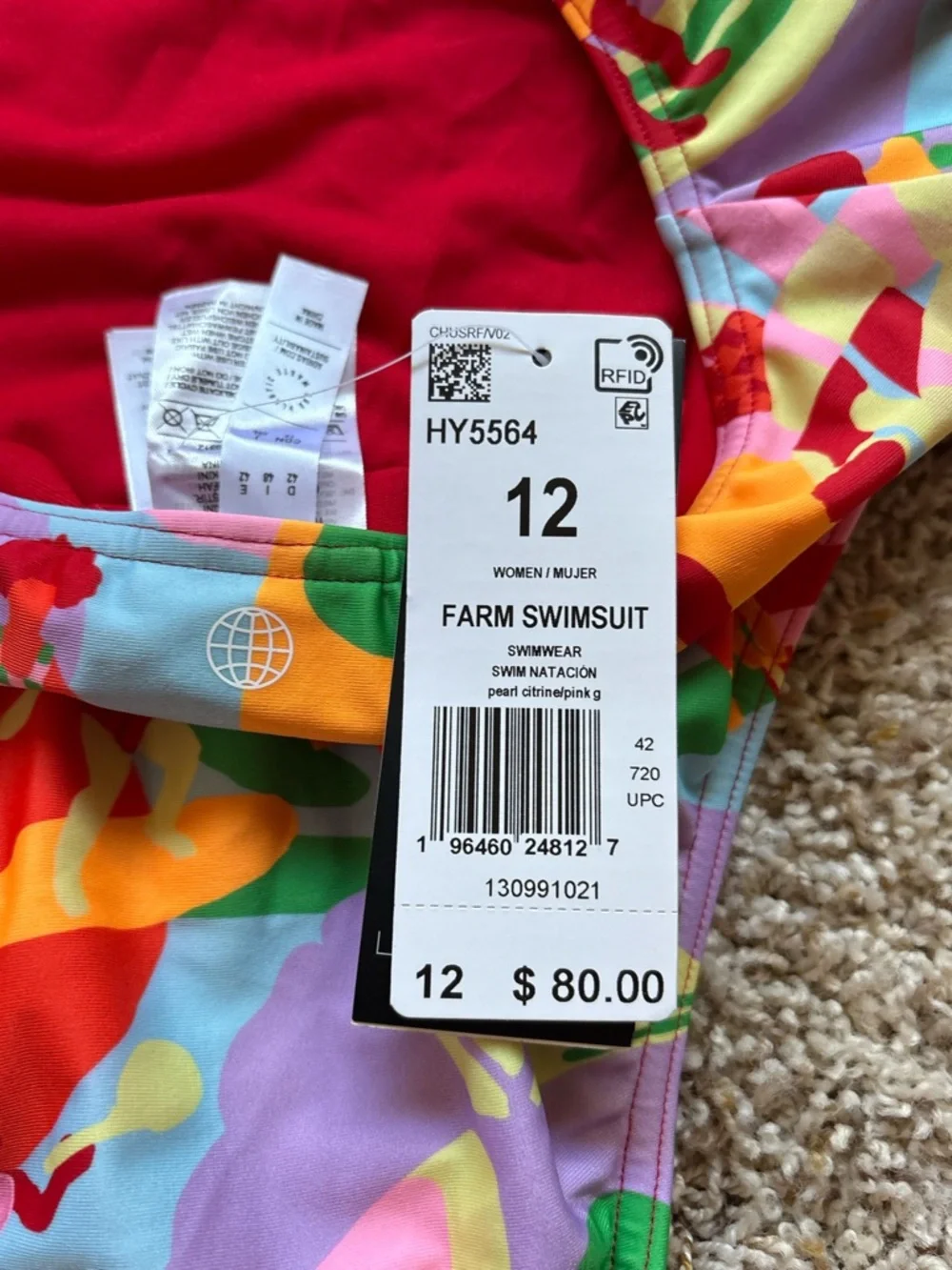 NWT FARM Adidas Womens Size 12 Open Back One Piece Swim Suit